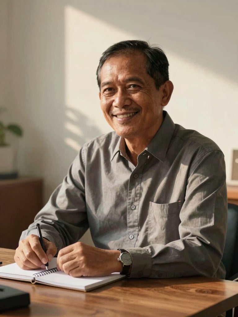 A dignified, mature Indonesian man in his late 50s smiling warmly, sitting by a wooden desk with a notebook in a sunlit room, soft golden hour lighting, professional and calm atmosphere.