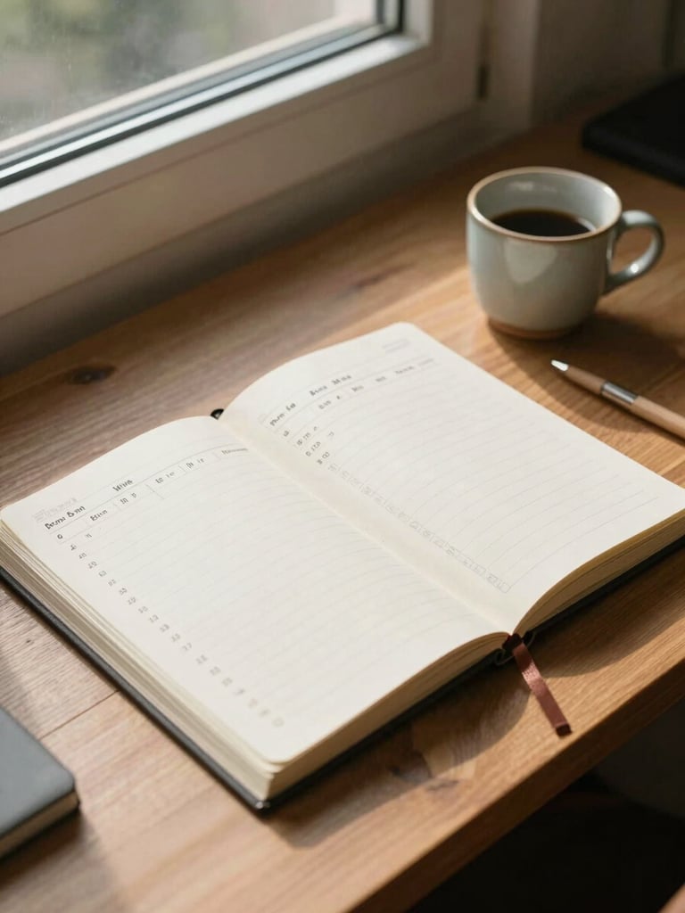Neatly organized study workspace with a notebook, a structured study planner, and a small ceramic cup under bright daylight from a side window.