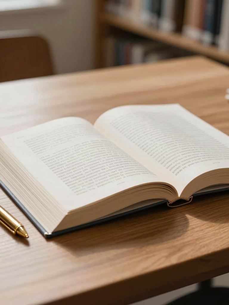 An open academic textbook on a clean wooden desk, soft natural daylight illuminating the pages, a brass pen resting on the margin, minimalist library background.