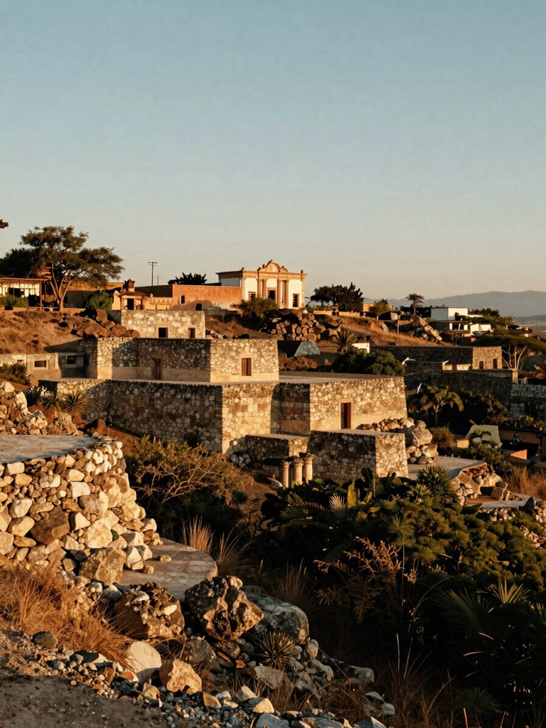 Wide environmental landscape shot of raw land in Tlalixtac at golden hour, soft late-afternoon natural sun highlighting Oaxacan stone and vegetation, warm editorial photography