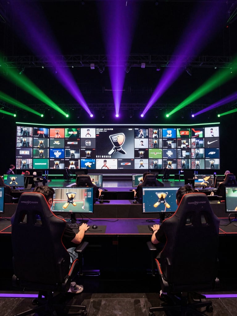 Wide shot of an esports arena stage at night, two competitors in gaming chairs facing giant monitor arrays, dramatic violet and green broadcast lighting cutting across a dark background, hands visible on keyboards in foreground
