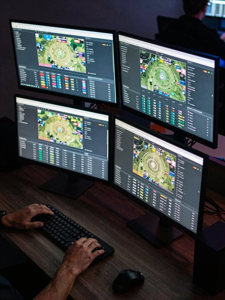 Overhead wide shot of a team analyst's desk with dual monitor array showing real-time campaign dashboards and audience segmentation data, dramatic neon monitor glow in a dark room, hands resting on keyboard, tactical precision atmosphere