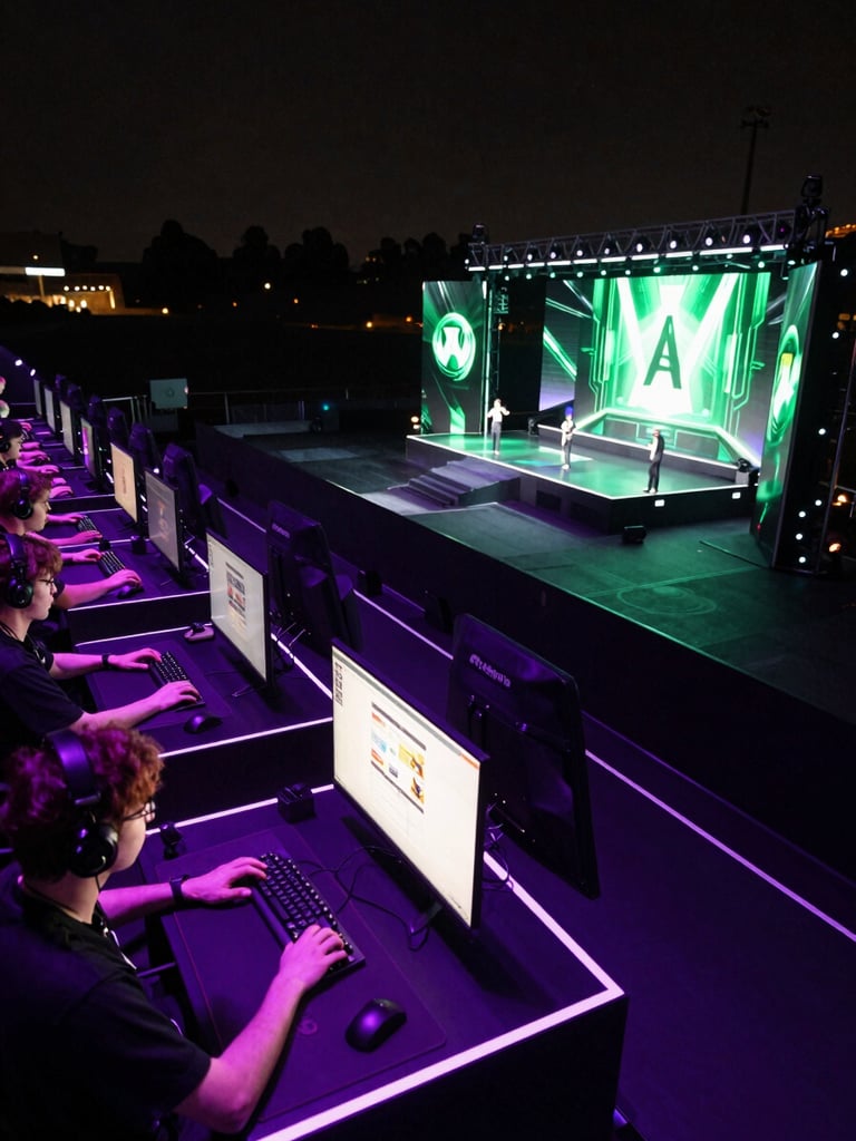 Wide arena esports stage at night, players at illuminated stations mid-match, electric violet and green stage lighting cutting across a dark hall, close overhead framing showing focused hands on keyboards and glowing monitors, broadcast-quality high contrast