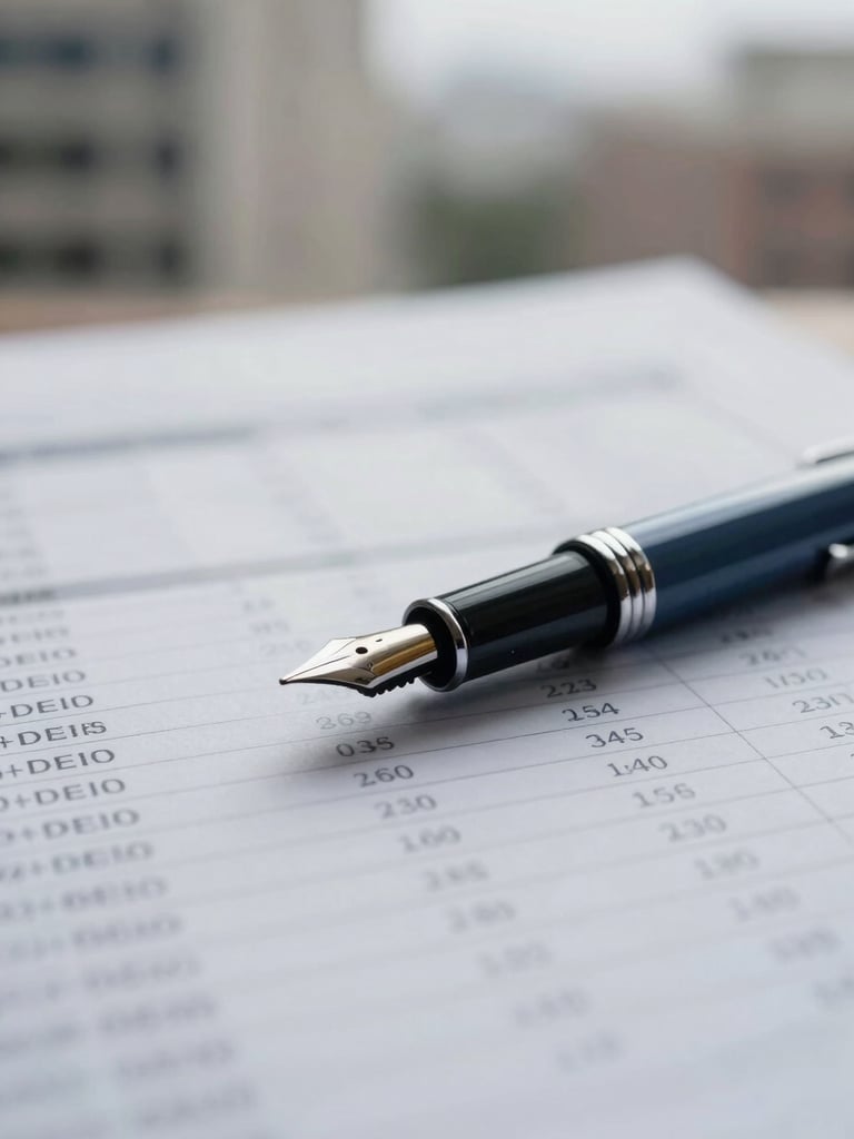 Close-up of a fountain pen resting on a high-quality financial report with blurred architectural background, soft diffused light, muted navy and slate tones, shallow depth of field.