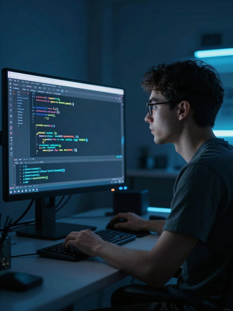 A software developer analyzing code on a vertical screen in a dark room with electric cyan ambient lighting, 35mm editorial style