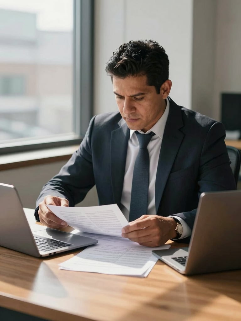 Medium environmental shot, left-lit by a large office window, a Latino business owner seated at a wooden desk reviewing printed documents and a laptop — hands visible on the papers, face turned slightly toward the documents, not toward the camera, warm natural daylight casting soft shadows across the desk surface