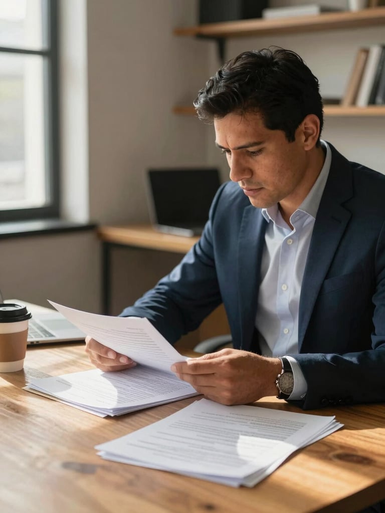 Close environmental shot from the left side, a Latino business owner seated at a wooden desk reviewing printed documents, warm window light falling across their hands and papers, coffee cup to the side, workspace context visible — shelves and a laptop in soft focus behind them
