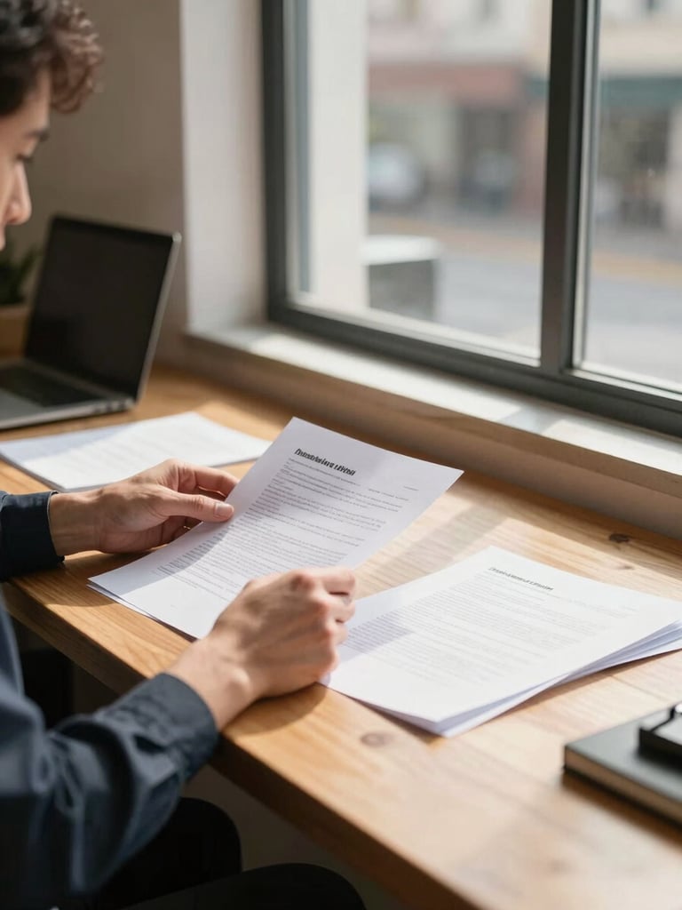 Wide shot from left side of a small business owner seated at a wooden desk near a large window, reviewing printed documents, warm natural daylight falling across papers and hands, background softly out of focus showing a modest office interior
