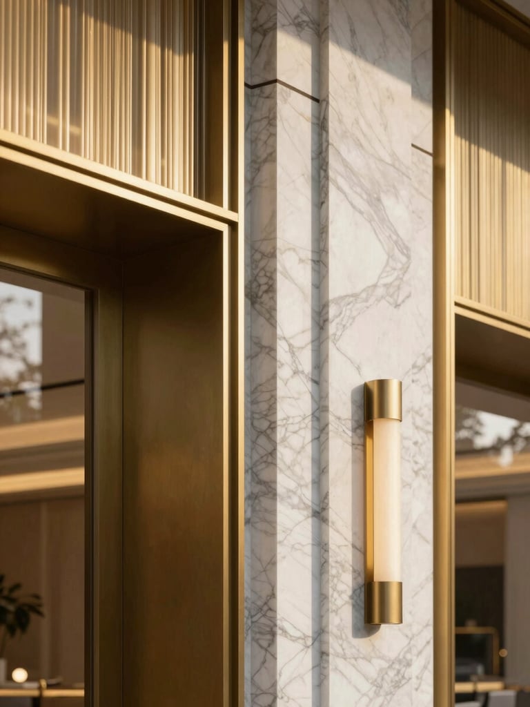 Close-up of premium brass and marble architectural finishes inside a modern luxury development showroom, soft natural light, sharp focus.