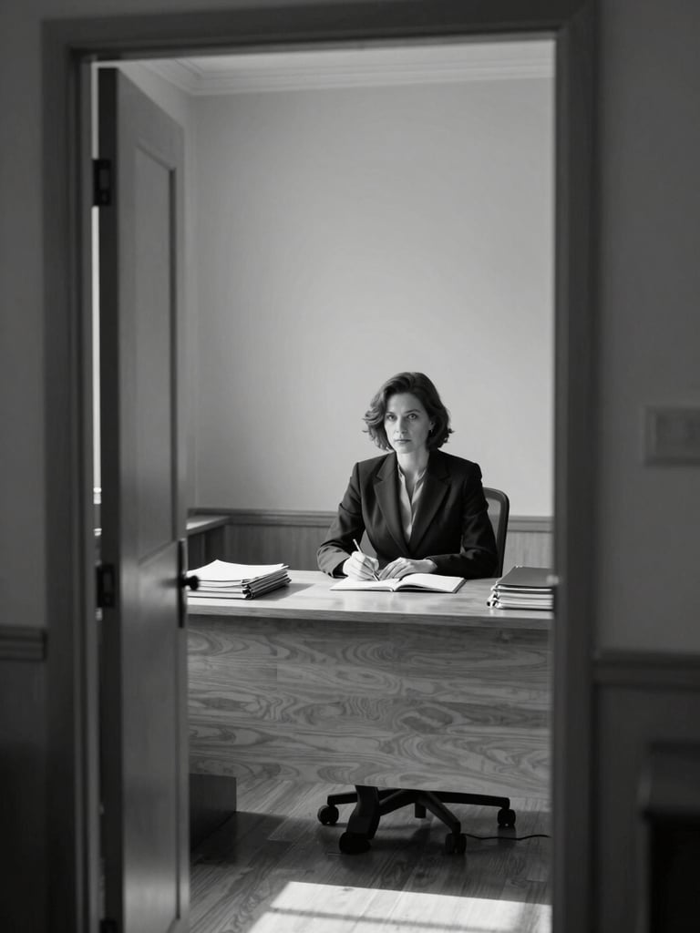 Wide environmental view from a doorway: a woman attorney seated alone at a clean wooden desk, natural north-facing daylight falling across case folders and an open notebook, no eye contact with camera, institutional morning light, monochrome mood, serious and still