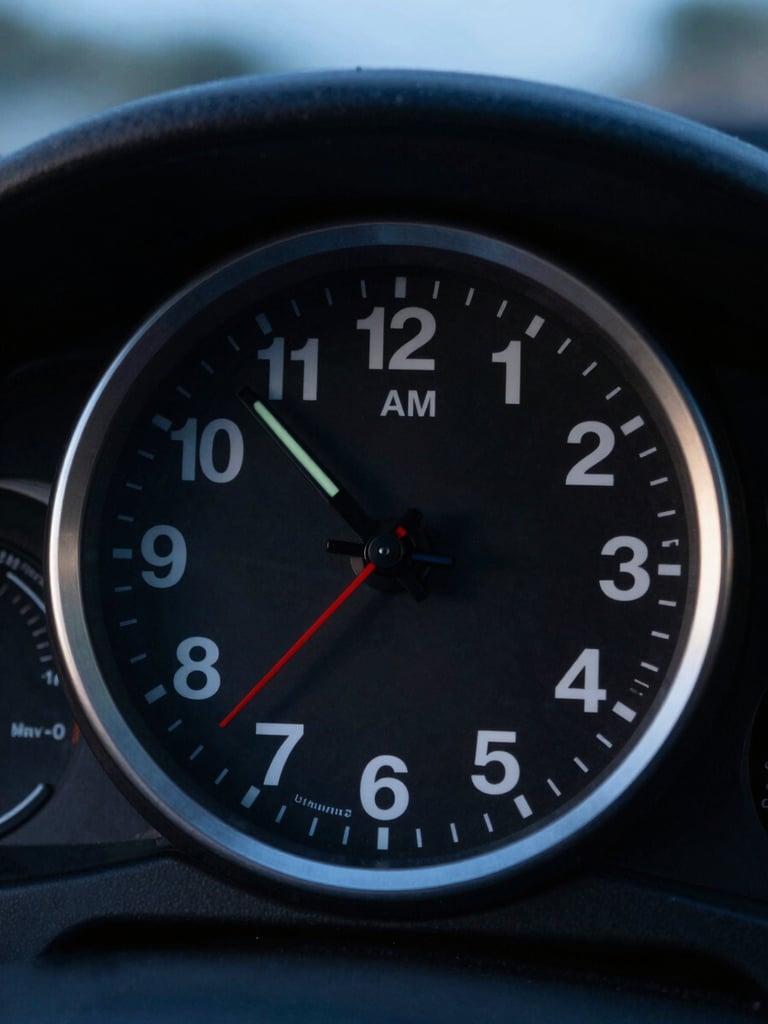 Close-up of a dashboard clock showing exactly 3:55 AM, crisp early-morning blue hour light filtering through the windshield