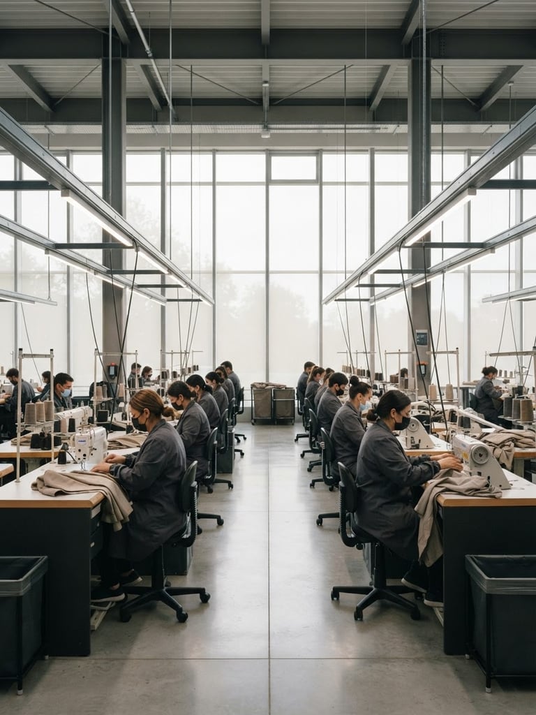 Symmetric architectural shot of a modern, clean garment factory floor, skilled workers operating sewing lines under soft diffused overcast daylight, muted charcoal tones, sharp focus, 35mm lens.