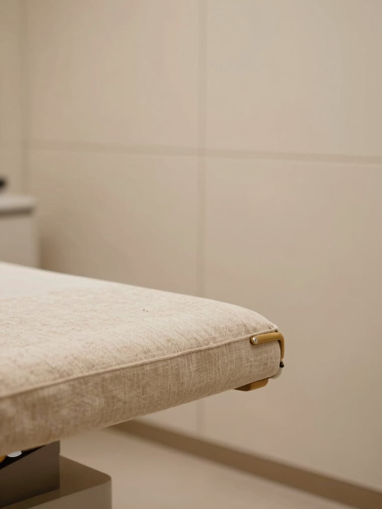 Close-up interior of a refined beauty clinic treatment room — warm diffused light falling on a beige linen headrest, a sleek brushed-gold detail on a treatment chair arm, soft shadow on cream-toned wall panels; no people, no equipment labels, composed to the left third of frame with generous negative space to the right