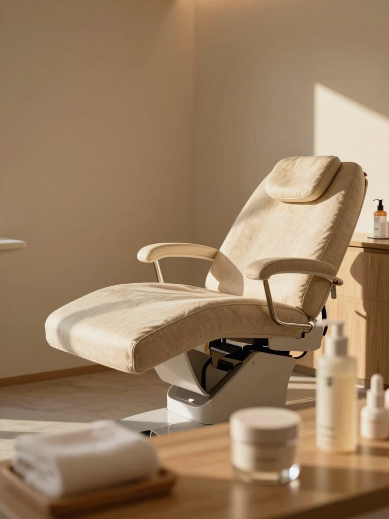 Wide editorial shot of a luxury beauty clinic interior, warm golden-hour light falling across a beige linen treatment chair and natural wood surfaces, styled brand objects in soft focus foreground, generous negative space to the left, cinematic and still