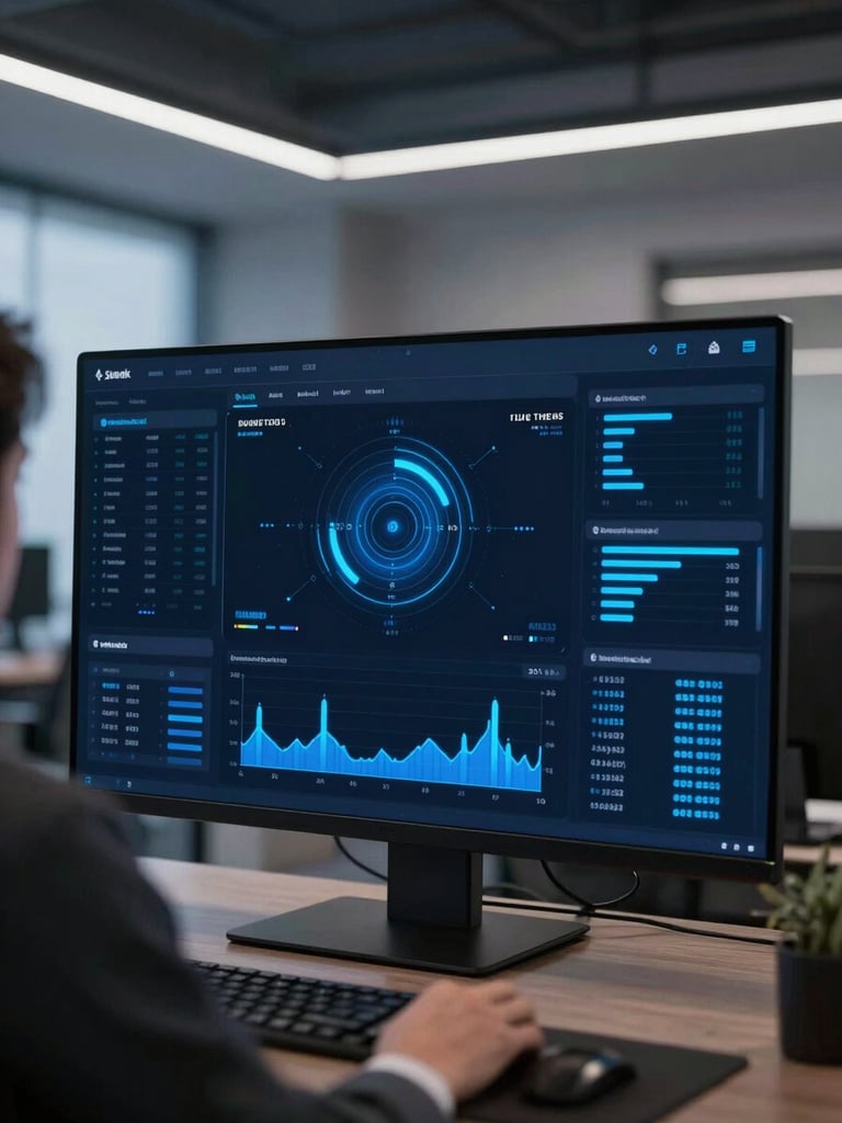 Sleek software screen showing real-time data visualization, dark UI with electric blue metrics, over-the-shoulder corporate perspective