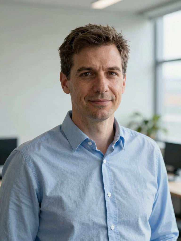 An honest, unretouched medium portrait of a Slovak financial expert in a simple blue shirt, looking directly at the camera with a reassuring, professional expression, soft natural daylight, minimalist office background.