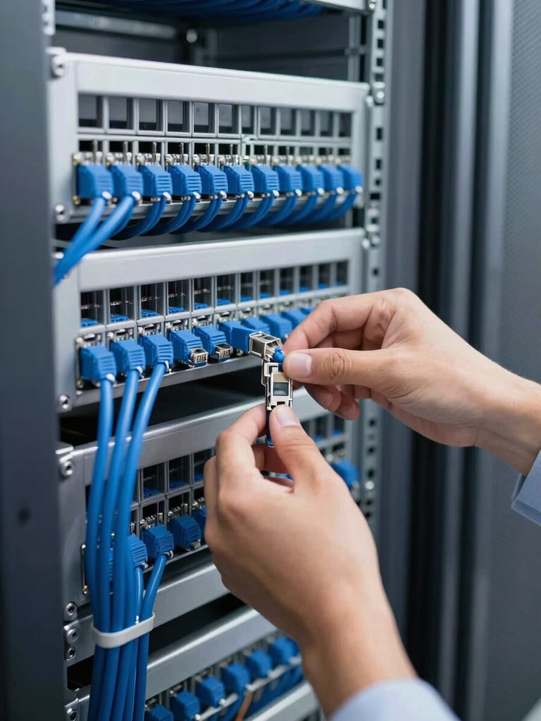 Close-up of a professional network engineer in a bright Delhi server room, neatly organizing blue Ethernet cables into a rack, clean cable management, sharp focus, 35mm