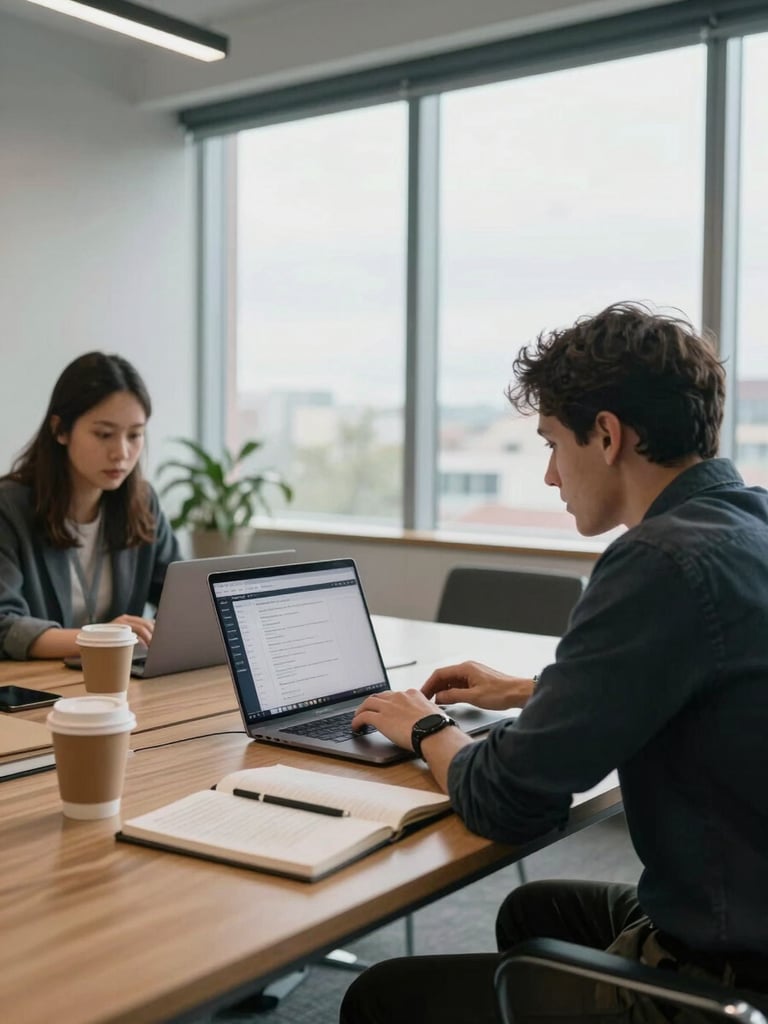Wide shot of a real office meeting room, two colleagues reviewing a shared laptop screen showing a network contact list, natural overcast light through glass partition, notebooks and coffee on the table