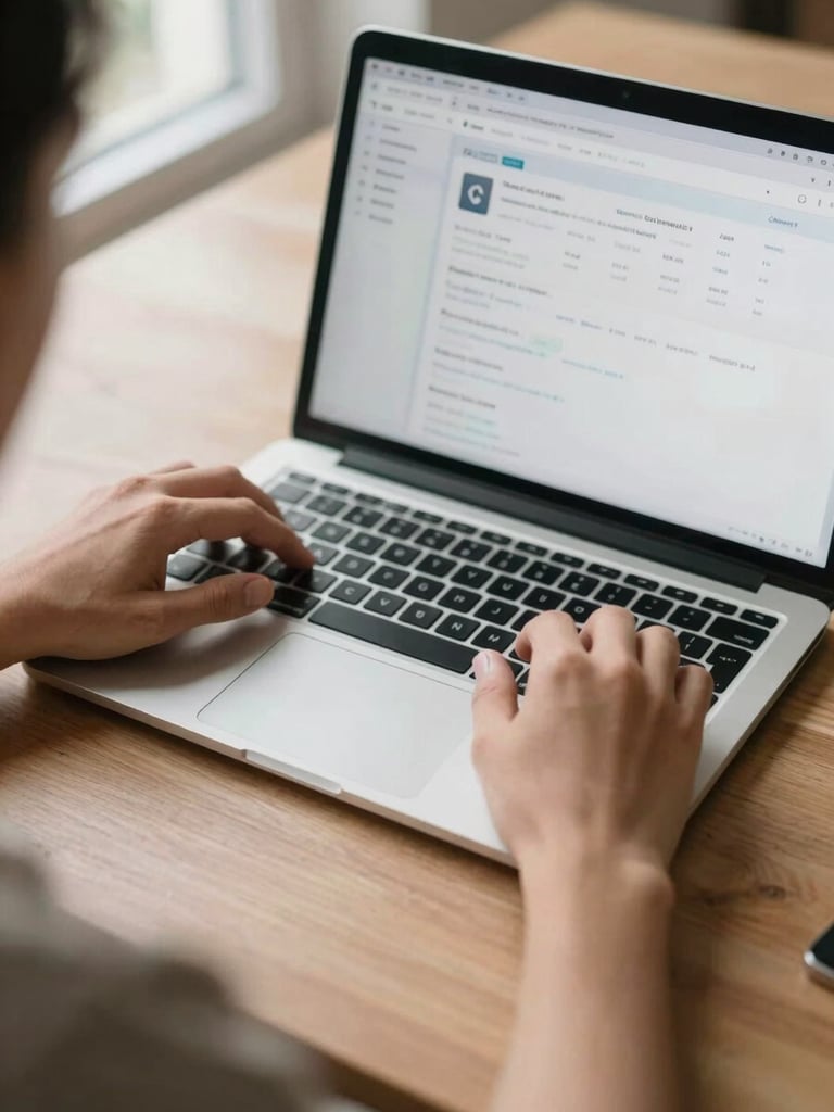 Over-shoulder view of hands on a laptop trackpad mid-workflow, a CRM dashboard visible on screen, diffused natural window light from the left, warm neutral desk surface, shallow depth of field