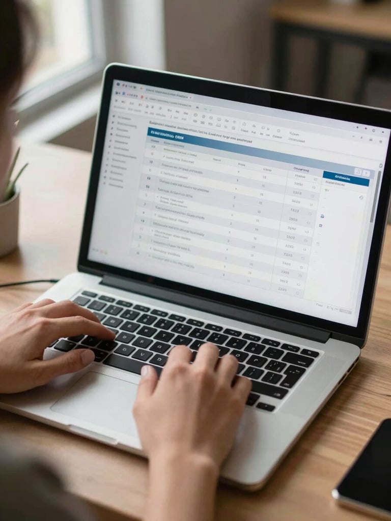Close-up over-shoulder view of a laptop screen showing a CRM pipeline mid-workflow, hands visible on the trackpad, office window light from the left, warm-neutral desk surface