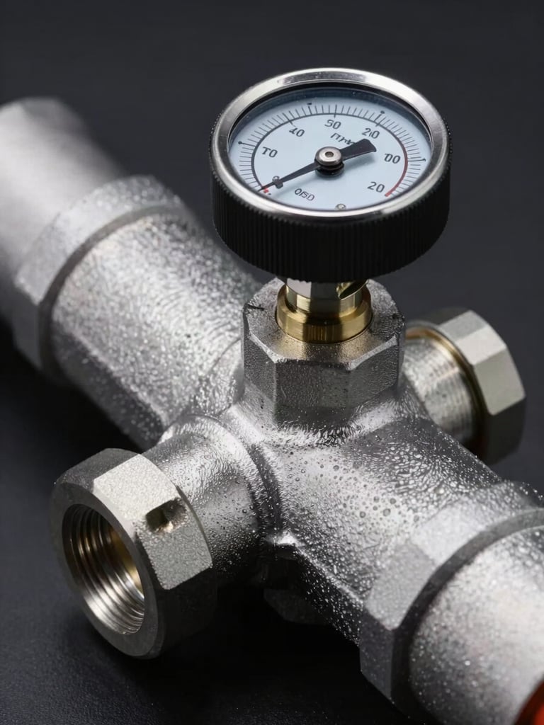 Extreme close-up of an FM200 cylinder valve manifold, cool studio strobe lighting raking across the machined aluminium surface, sharp focus on the pressure gauge and port threading, dark background, engineering precision evident in the surface texture and component geometry