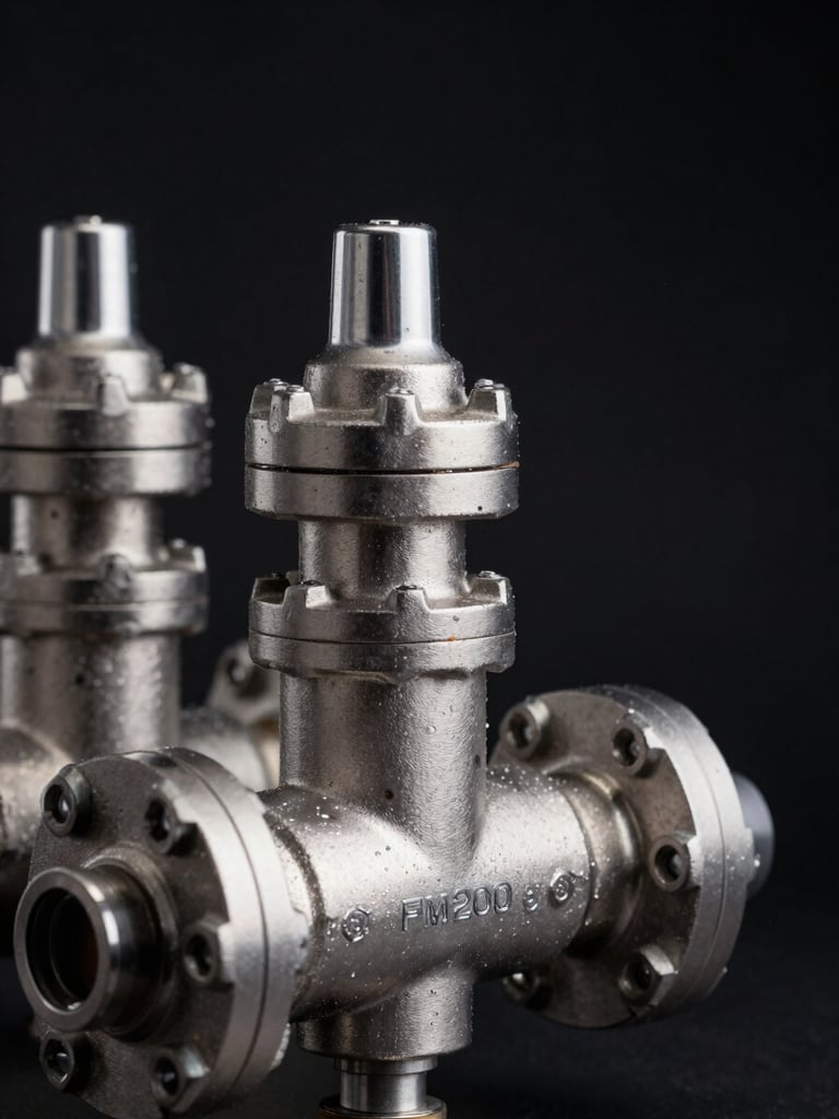 Extreme close-up of an FM200 suppression cylinder manifold block, cool studio strobe lighting raking across stainless valve bodies, engineering detail sharp against near-black background, left-edge framing with negative space on right
