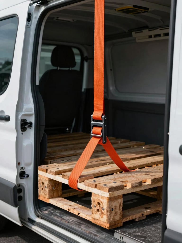 Close-up shot of a heavy-duty orange tension strap securing a wooden pallet inside a clean white cargo van, stark industrial lighting.