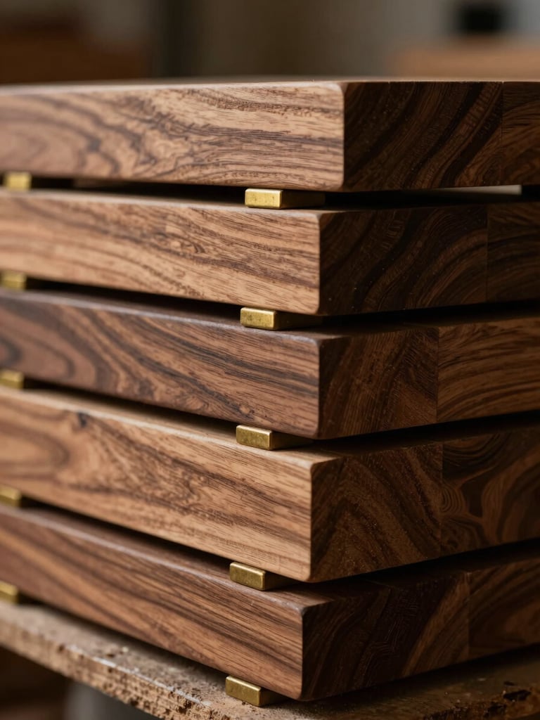 Low-key dramatic side-lighting on raw blocks of sustainably sourced American walnut stacked in a workshop, rich wood grains visible, shallow depth of field