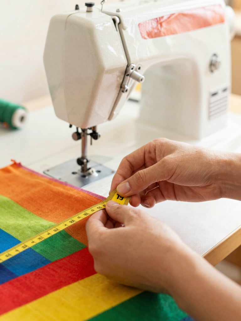 Close-up of hands carefully measuring a colorful textile with a yellow tape measure inside a warm, sunlit workshop, sewing machine in the soft background.