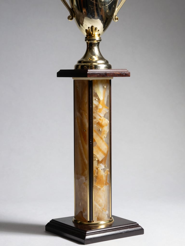 3/4 angle studio shot of a tall trophy with a polished resin column and metal cup top, neutral white background, directional studio strobe casting a clean dimensional shadow, close-up detail of the base engraving plate visible, no people