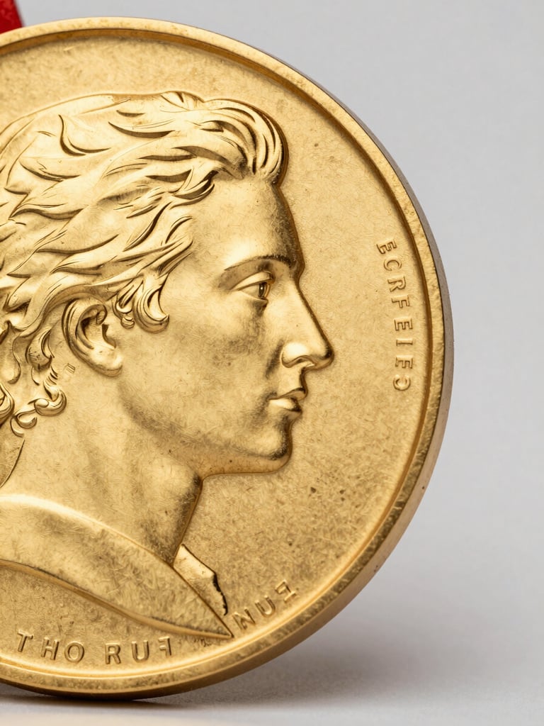 Extreme close-up 3/4 view of a gold-plated medal face under neutral studio strobes, engraved text sharply readable, brushed metal texture and raised relief visible, clean light-gray studio background, deep dimensional shadow defining the medal edge