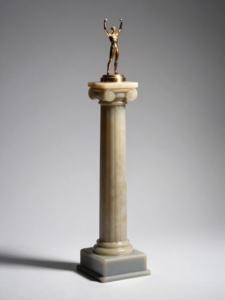 3/4 view of a tall resin column trophy on a white studio surface, neutral strobe lighting from upper left casting a short shadow that reveals the column's cylindrical depth, gold-toned figurine on top, clean gray base with engraved text visible at actual size