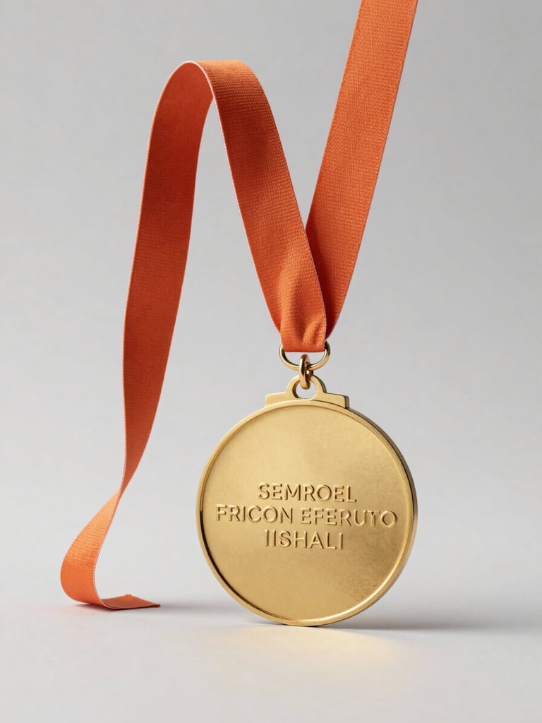 3/4 view studio shot of a single gold-plated zinc medal on a neutral light gray background, medal facing front with engraved text clearly visible, ribbon draped naturally to the left, neutral strobe lighting casting a soft dimensional shadow to show the medal's weight and relief depth, clean white-to-gray gradient ground