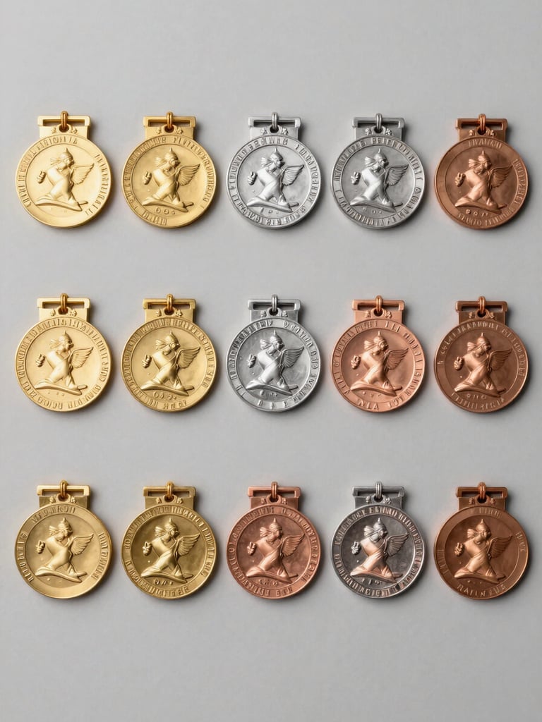 Flat-lay overhead view of multiple medal variants arranged on a neutral light-gray studio surface — gold, silver and bronze finishes side by side, engraving details visible, clean even studio lighting, no people, no props
