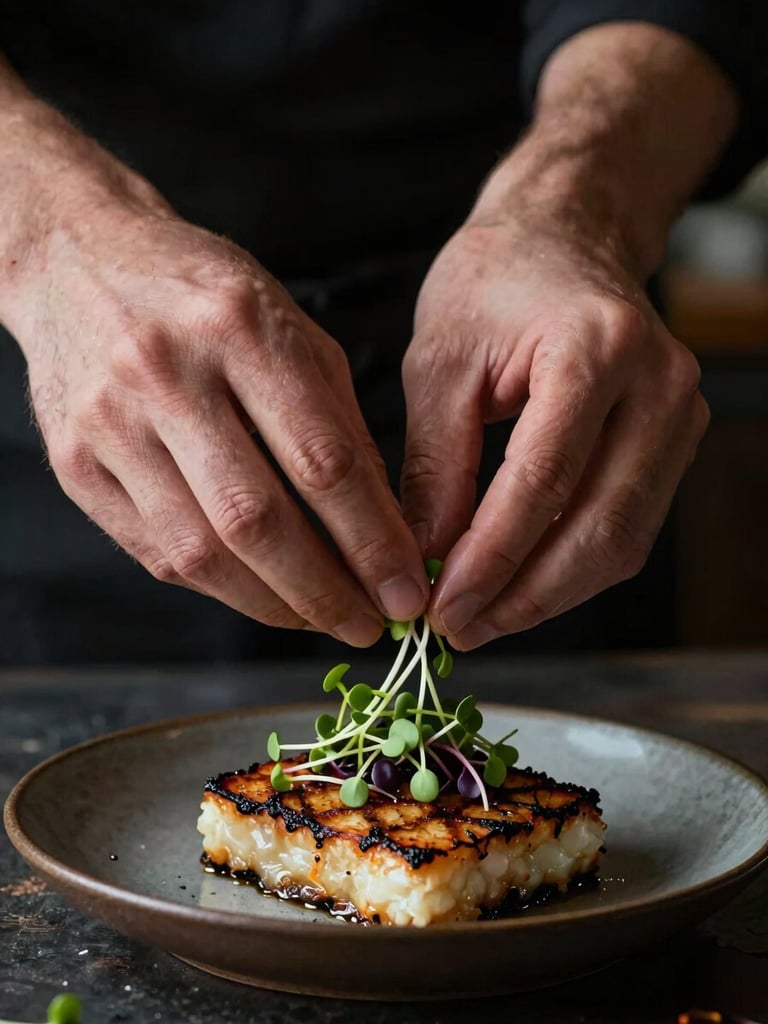 Extreme close-up of a chef's hands carefully placing microgreens onto a perfectly seared dish, dark rustic background, moody natural side-light.