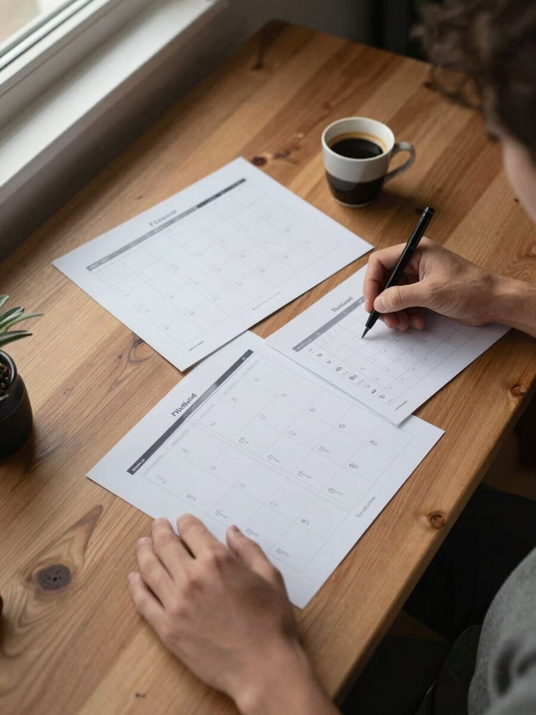 Overhead flat-lay of a wooden planning desk, hands arranging printed content calendars and a small espresso cup beside them, warm window light from the left, natural grain of the wood visible