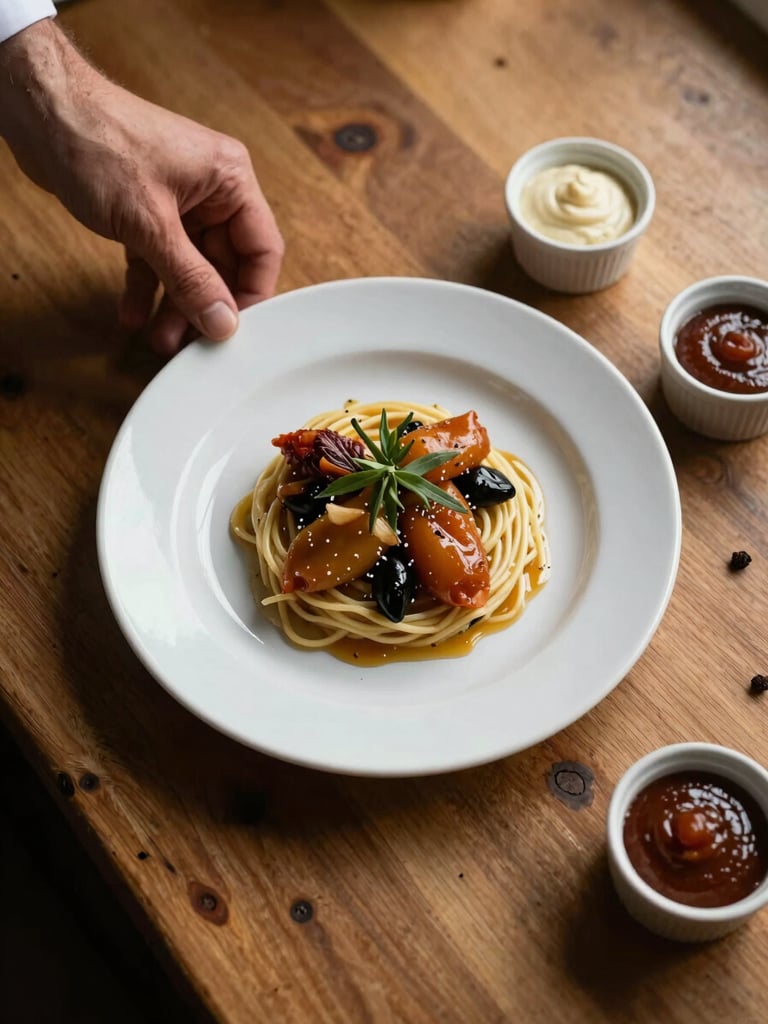 Close overhead flat-lay of a plated dish mid-assembly on a worn wooden pass, a cook's forearm entering the left edge of frame, small ramekins of sauce scattered nearby, warm amber kitchen light, no staging