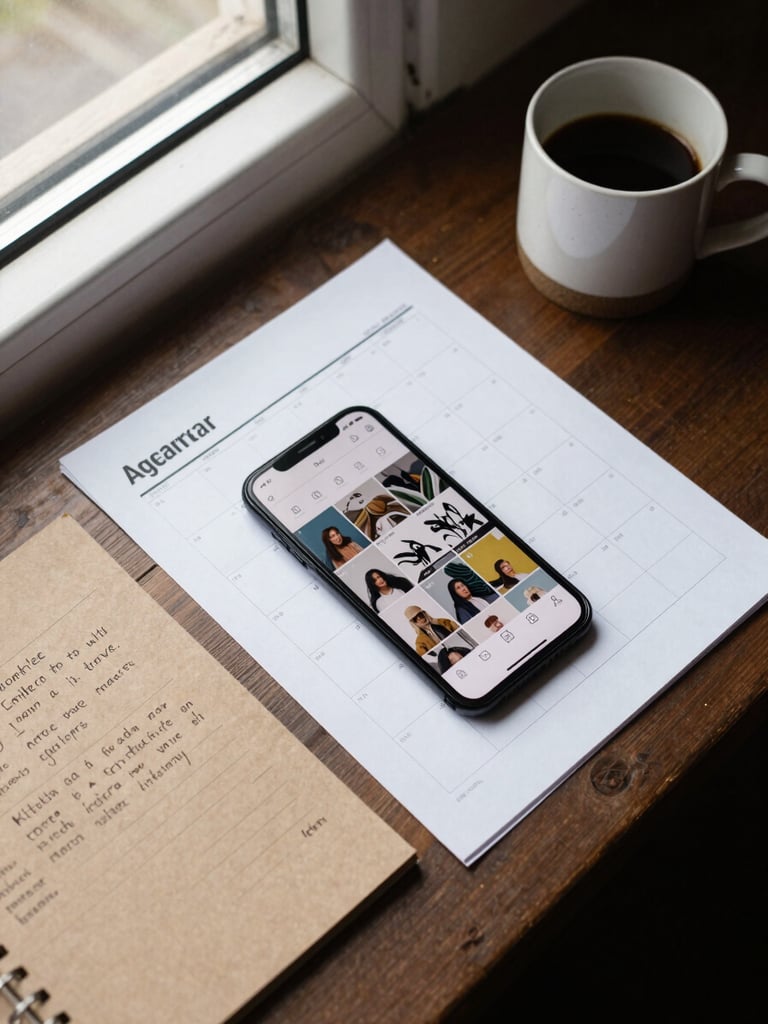 Overhead flat-lay of agency planning desk: printed content calendar, a smartphone showing an Instagram grid, handwritten notes on kraft paper, a ceramic coffee mug, natural daylight from a window to the left