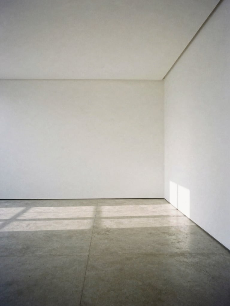A straight-on, minimalist architectural shot of an empty physical art gallery with pristine white walls, soft natural light casting long shadows on the concrete floor.