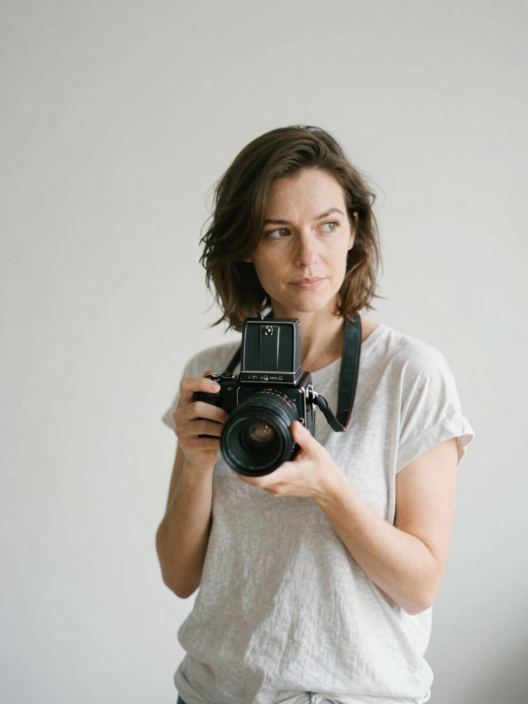 A quiet, natural-light portrait of a female photographer holding a medium format camera, soft diffused lighting, neutral background, thoughtful expression.