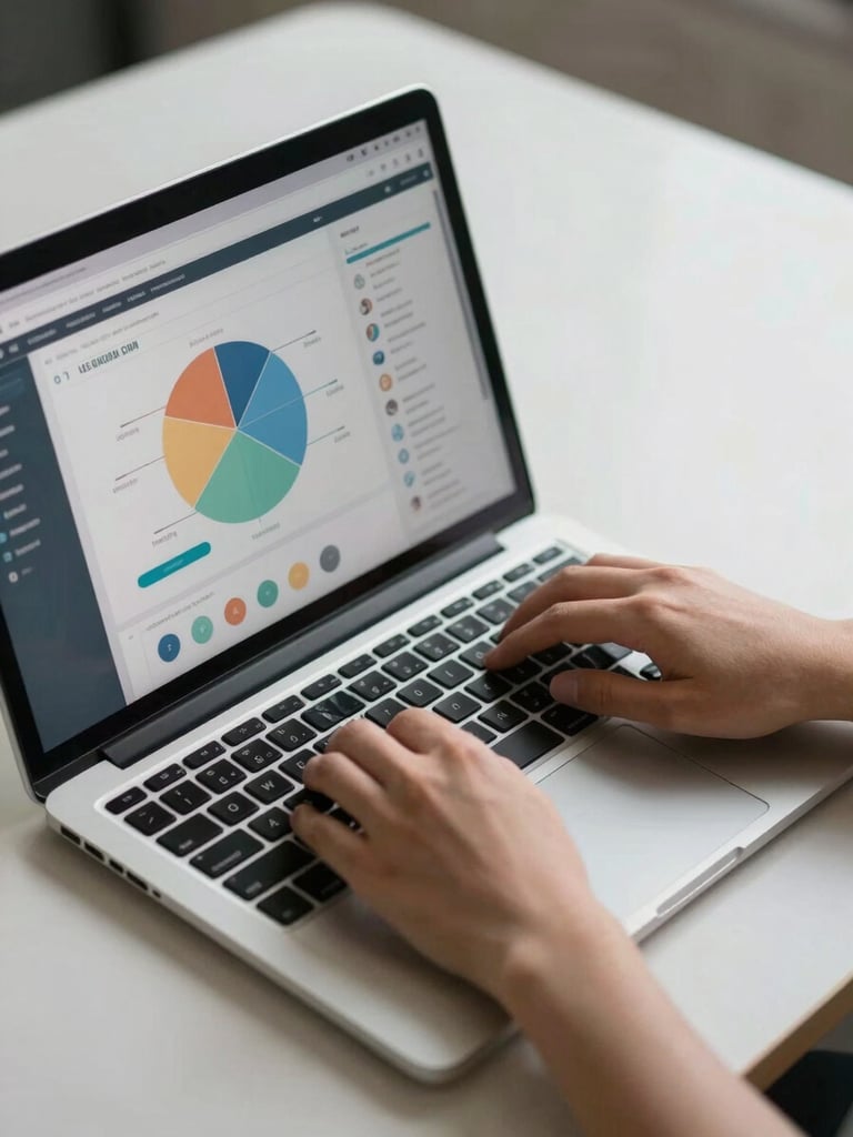 Close-up of two hands typing on a laptop showing a CRM platform interface with user segment graphs, clean studio light from above, minimal desk surface, sharp screen detail visible, no faces, editorial framing