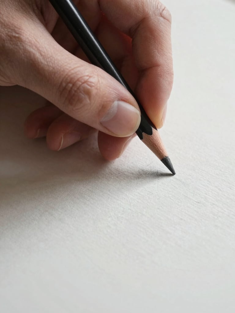 Extreme close-up of an artist's fingers holding a graphite pencil mid-stroke on textured drawing paper, graphite dust faintly visible near the pencil tip, north-facing daylight raking across the paper surface to reveal every grain and tonal gradation