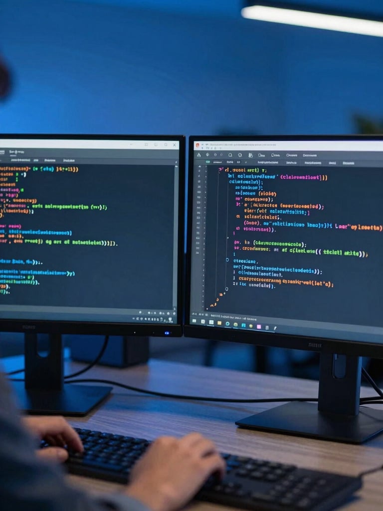 Close-up of developers analyzing clean code on dual monitors in a high-end corporate office, deep blue backlighting, sharp focus