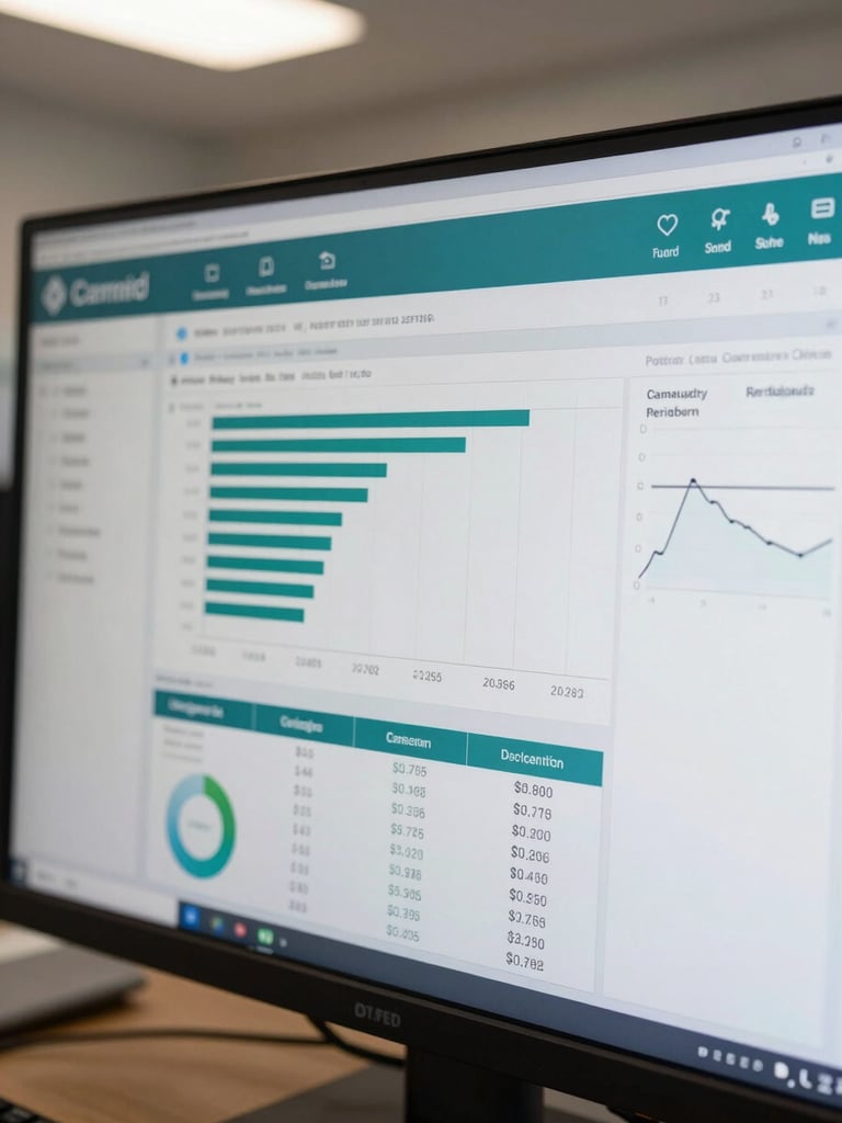 Close-up of a marketing performance dashboard on a wide monitor, teal and white charts showing campaign ROI metrics and spend breakdown, natural office fluorescent light, no reflections, tight crop on the screen surface