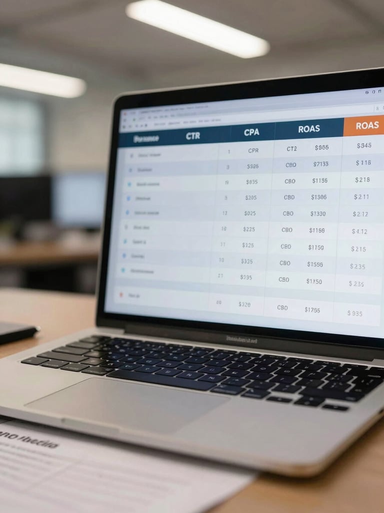 Close-up of a laptop screen in a real office showing a live campaign performance dashboard with CTR, CPA, and ROAS columns, a printed media plan spreadsheet partially visible beneath the laptop, fluorescent overhead light, no staging