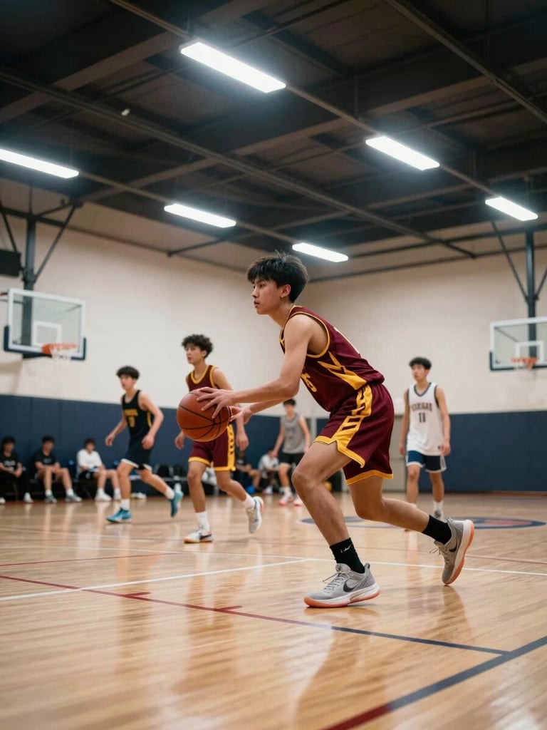 Wide gym interior shot from the sideline, a youth player in maroon and gold uniform mid-drive toward the basket under bright overhead gym fluorescents, teammates in motion blur behind, natural court atmosphere, authentic rec league energy
