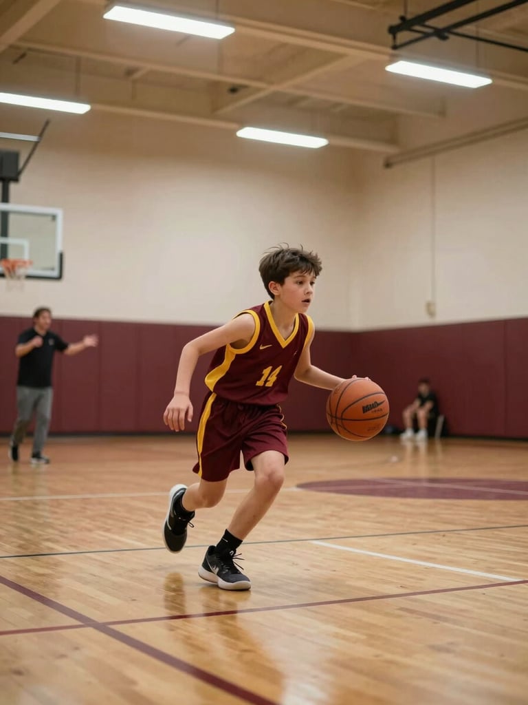 Wide medium shot inside a youth gymnasium, a young player around age 9 dribbling upcourt in a maroon and gold uniform, overhead fluorescent gym light, coach visible in background gesturing, hardwood court lines visible, authentic in-game motion