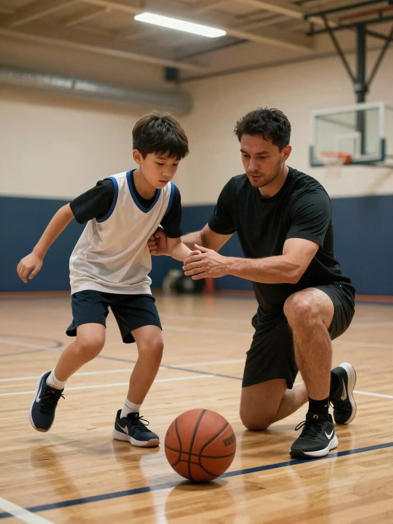 Close environmental shot inside a youth gym, a coach kneeling beside a young player demonstrating a dribbling grip, both focused on the ball, overhead fluorescent light casting warm gym glow on hardwood floor, authentic instructional moment, no posed smiling