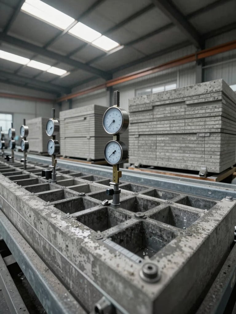 Tight wide-angle view of a concrete casting production line, overcast daylight from factory skylights, calibration gauges and mold frames in the foreground, stacked finished panels visible in the background right, no people posing