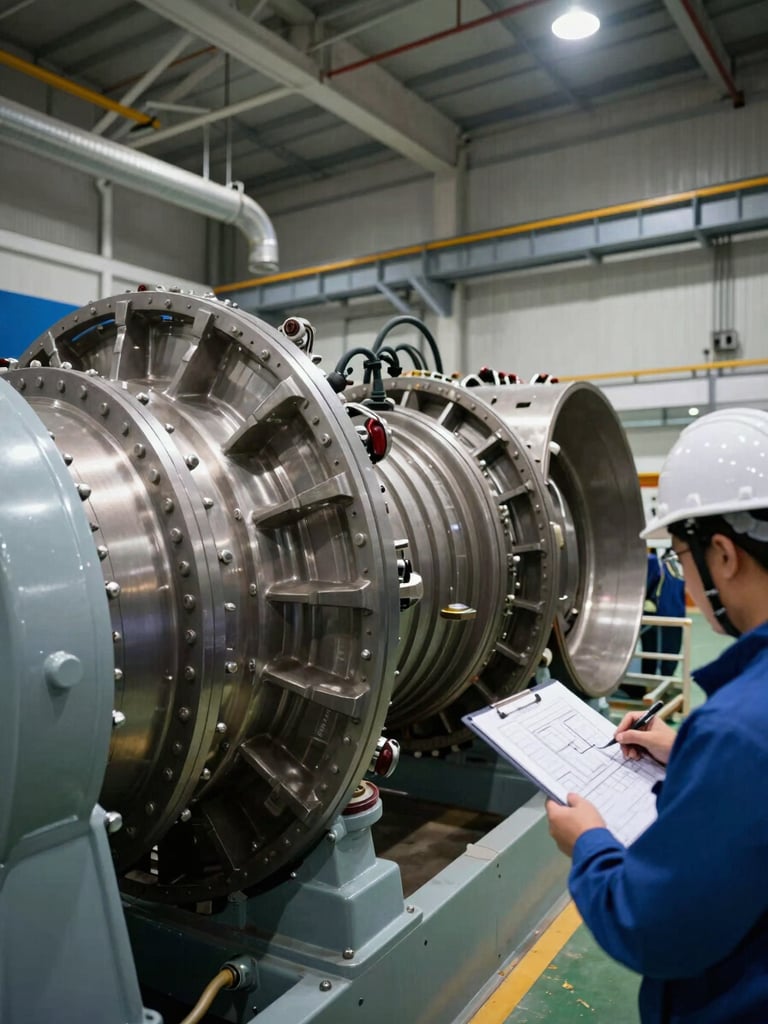 Close-angle wide shot of a gas turbine hall interior, large rotating machinery in the foreground, workers in hard hats reviewing engineering drawings on a clipboard beside the turbine casing, control cables and conduits visible overhead, overcast industrial lighting